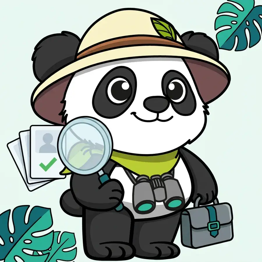 Panda explorateur à la loupe examinant des candidatures, recrutement chez Panda Communication