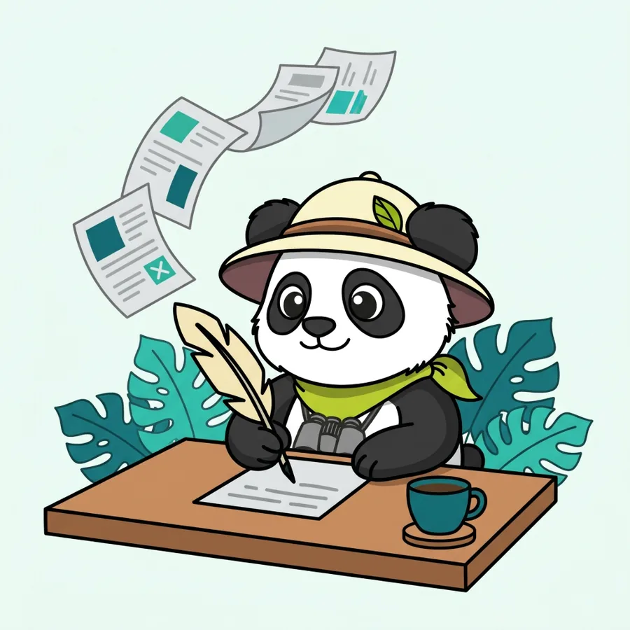 Panda explorateur écrivant avec une plume à son bureau, rédaction de contenus par l'agence de copywriting