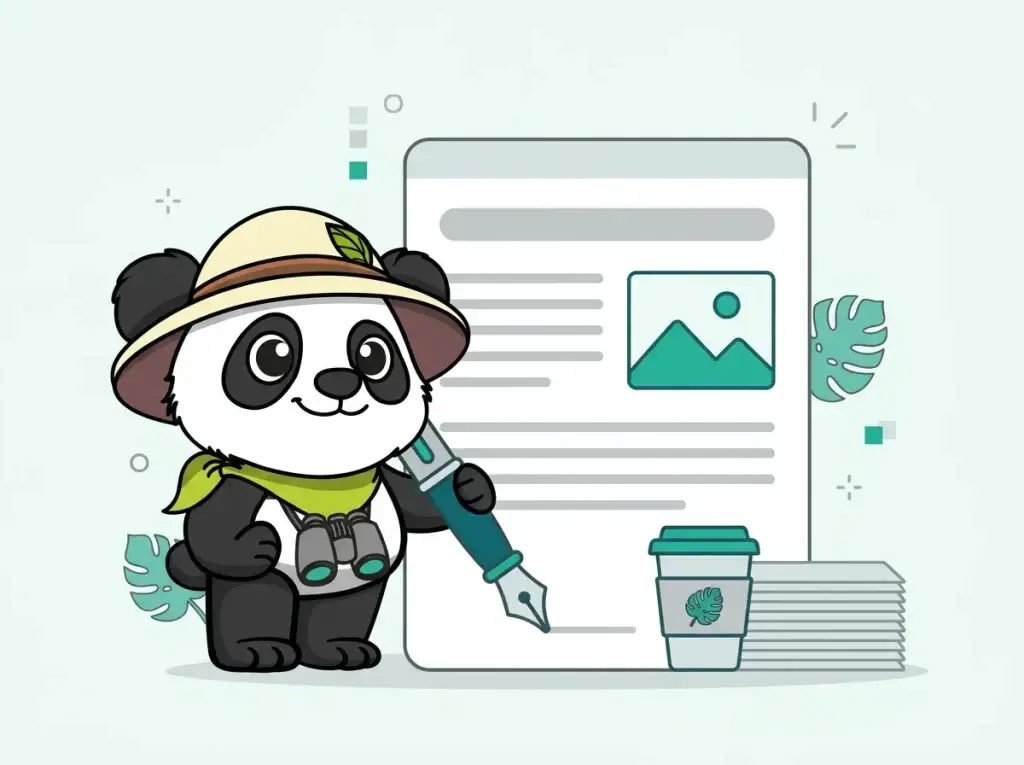 Panda explorateur rédigeant un article de blog optimisé pour la rédaction web SEO