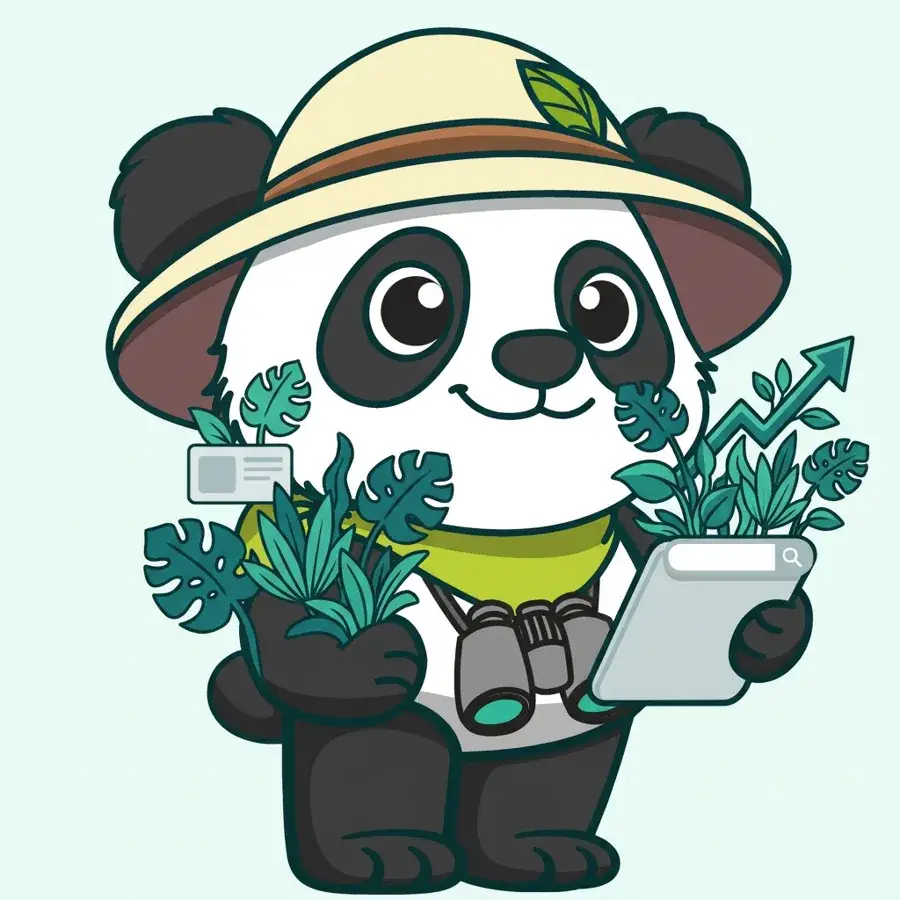 Panda explorateur sur tablette devant une recherche SEO et un graphique en hausse, le référencement naturel chez Panda Communication