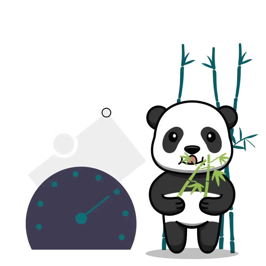 Panda mangeant du bambou à côté d'un compteur de vitesse, pour optimiser la vitesse de chargement des pages