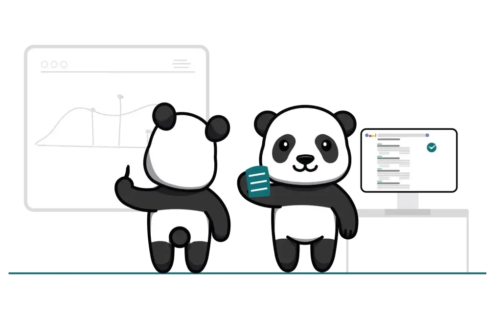 Deux pandas analysant une courbe de trafic et des résultats de recherche, pour connaître sa cible et ses visiteurs
