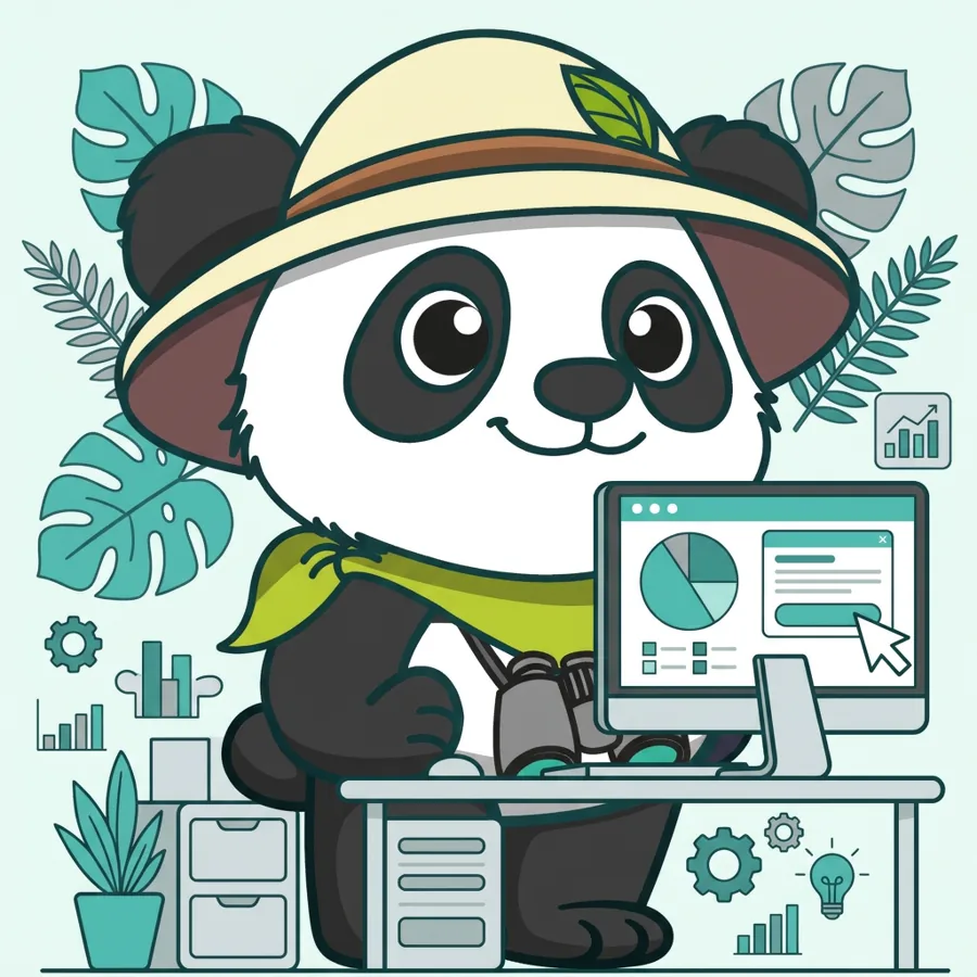 Panda explorateur sur ordinateur devant un écran SEA avec camembert et histogrammes, le référencement payant chez Panda Communication