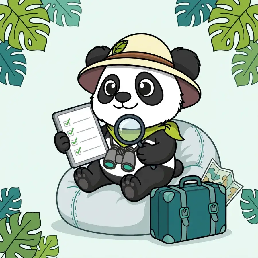 Panda explorateur sur pouf devant une liste cochée et une loupe, choix des requêtes adaptées au tourisme