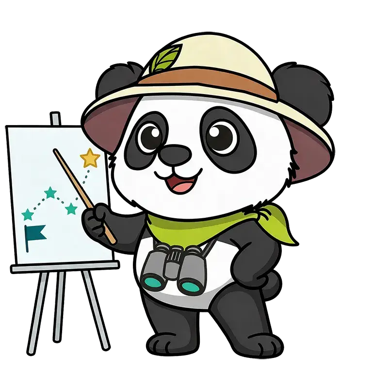 Panda explorateur présentant un plan d'objectifs sur un paperboard lors de la réunion de lancement marketing digital