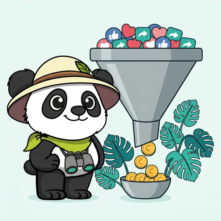 Panda explorateur devant un entonnoir transformant likes et interactions des réseaux sociaux en euros grâce au SEA, Panda devant un entonnoir transformant likes