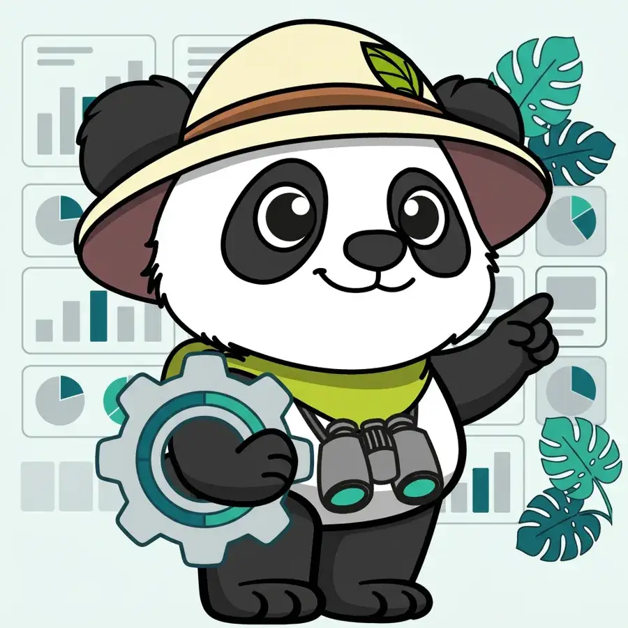 Panda explorateur tenant un engrenage devant un histogramme et des camemberts, sélection des KPIs pertinents
