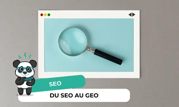 Loupe dans une fenêtre de navigateur et panda, bannière du SEO au GEO sur le référencement IA