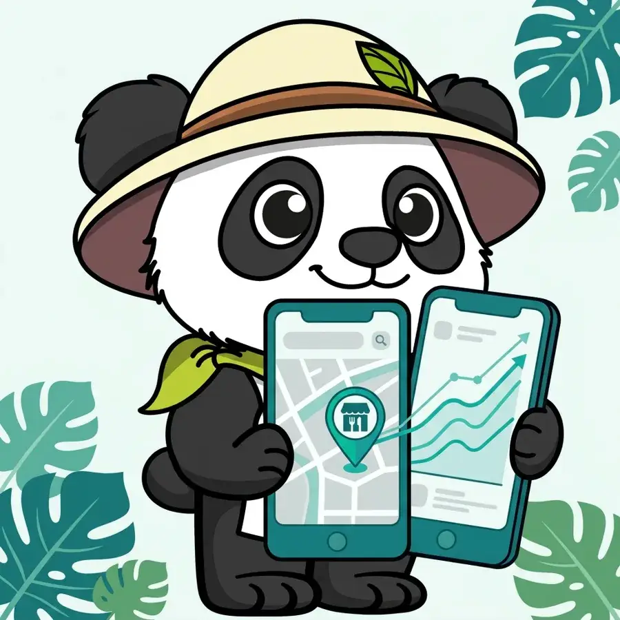 Panda explorateur chef devant des courbes de trafic, illustration du SEO local et mobile pour les restaurants