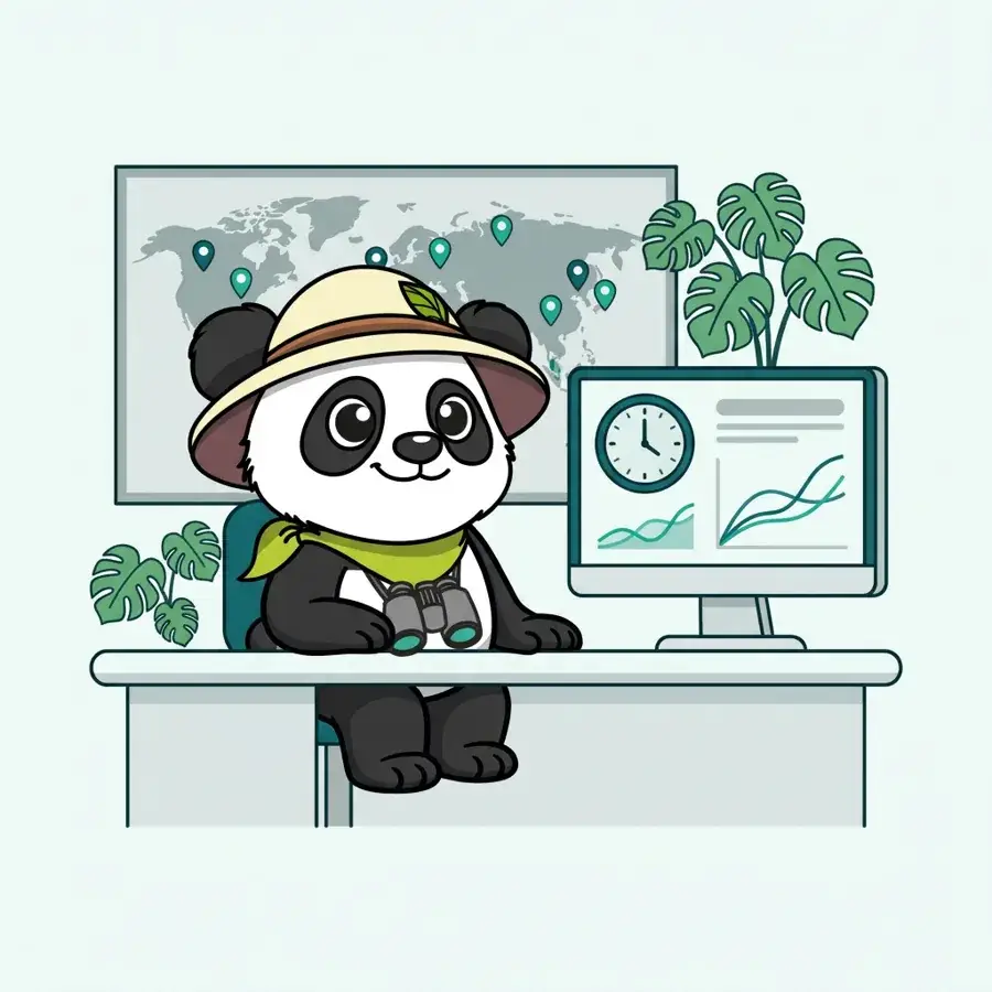 Panda explorateur à son bureau devant Google, une horloge et des courbes, SEO localisé pour le tourisme