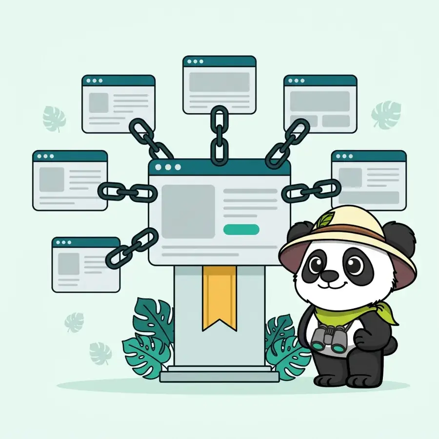 Panda explorateur avec casque devant une page classée numéro 1, SEO off-page d'un site e-commerce