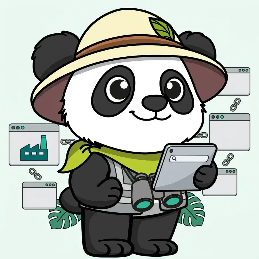 Panda explorateur en casque de chantier sur tablette devant une recherche SEO, référencement off-page industriel