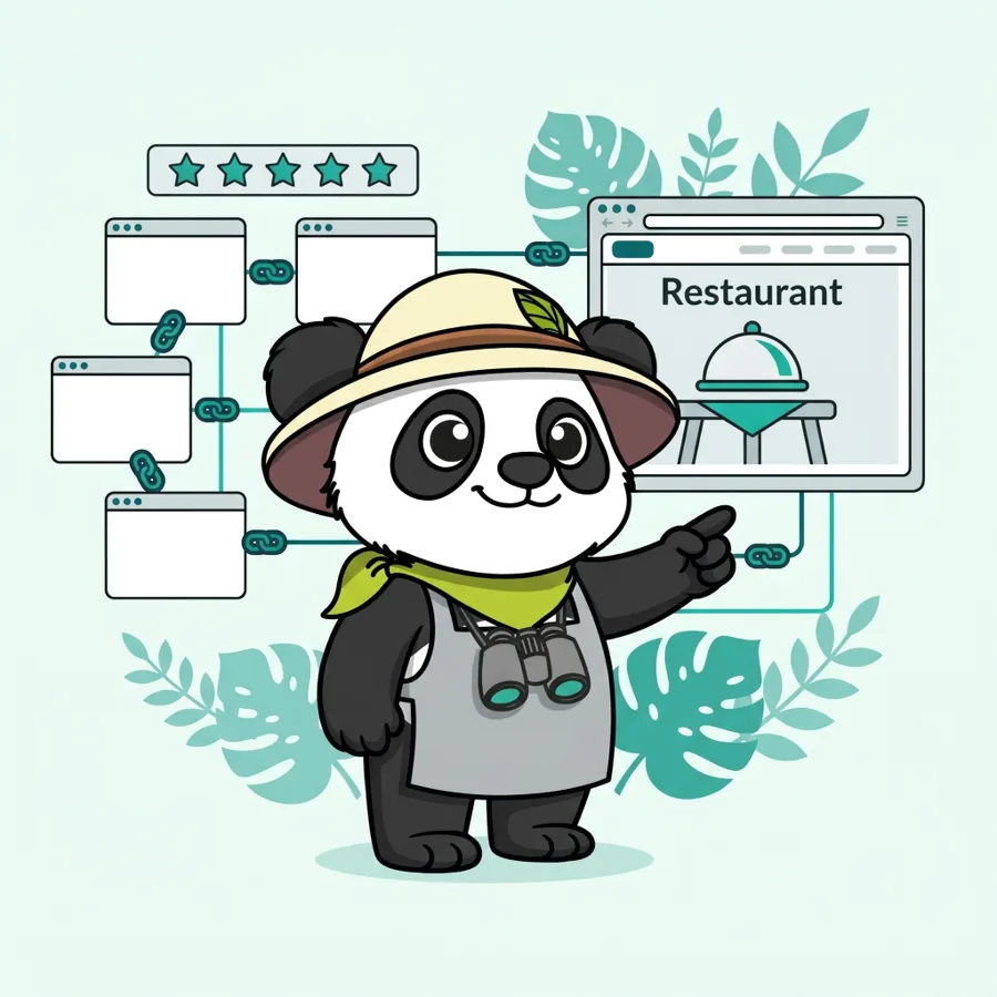 Panda explorateur chef devant un tableau de bord SEO, illustration du référencement off-page pour la restauration