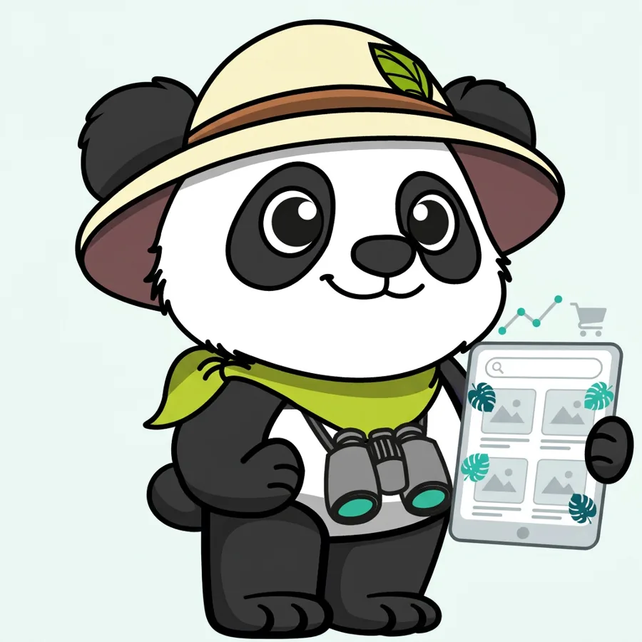 Panda explorateur avec casque sur tablette devant une recherche SEO et un graphique en hausse, Panda avec casque sur tablette devant une recherche SEO et un gra