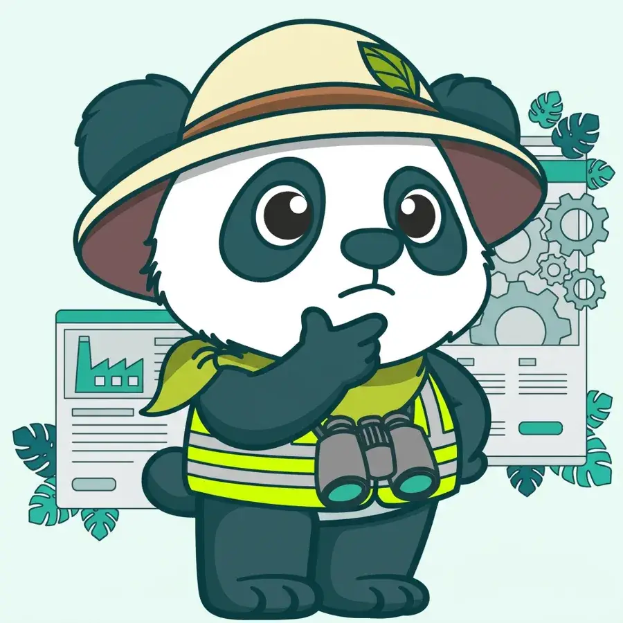 Panda explorateur en casque de chantier pensif, optimisation SEO on-page des sites industriels