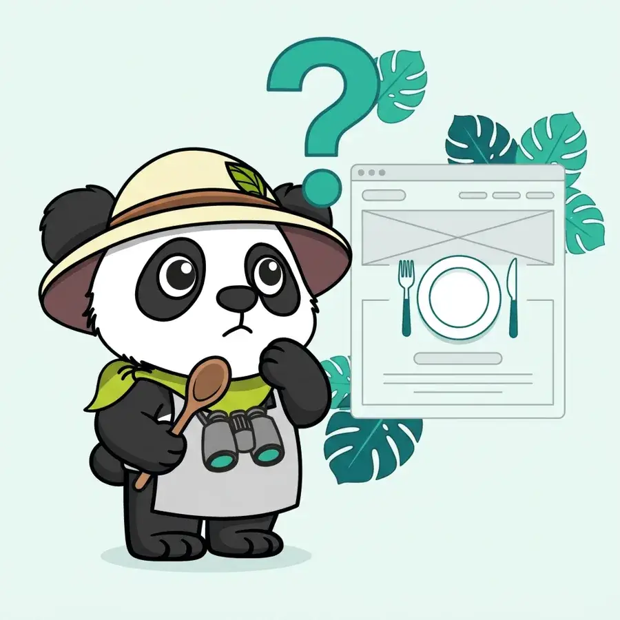 Panda explorateur chef pensif sous un point d'interrogation, techniques d'optimisation on-page pour la restauration
