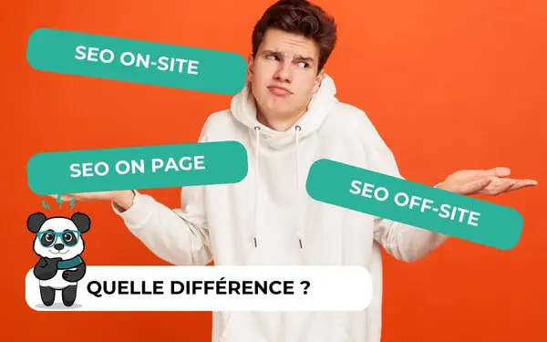 Jeune homme perplexe entouré des étiquettes SEO on-site, SEO on page et SEO off-site, bannière Quelle différence