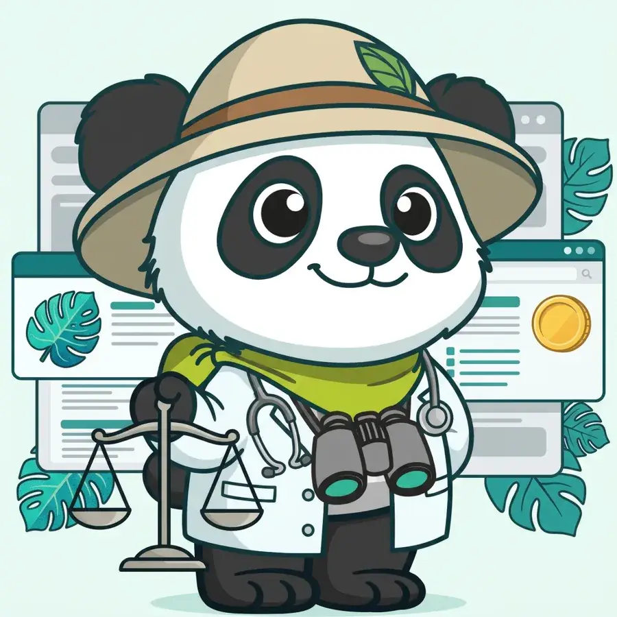 Panda explorateur médecin entre un écran SEO et un écran SEA, choisir entre SEO et SEA pour un professionnel de santé