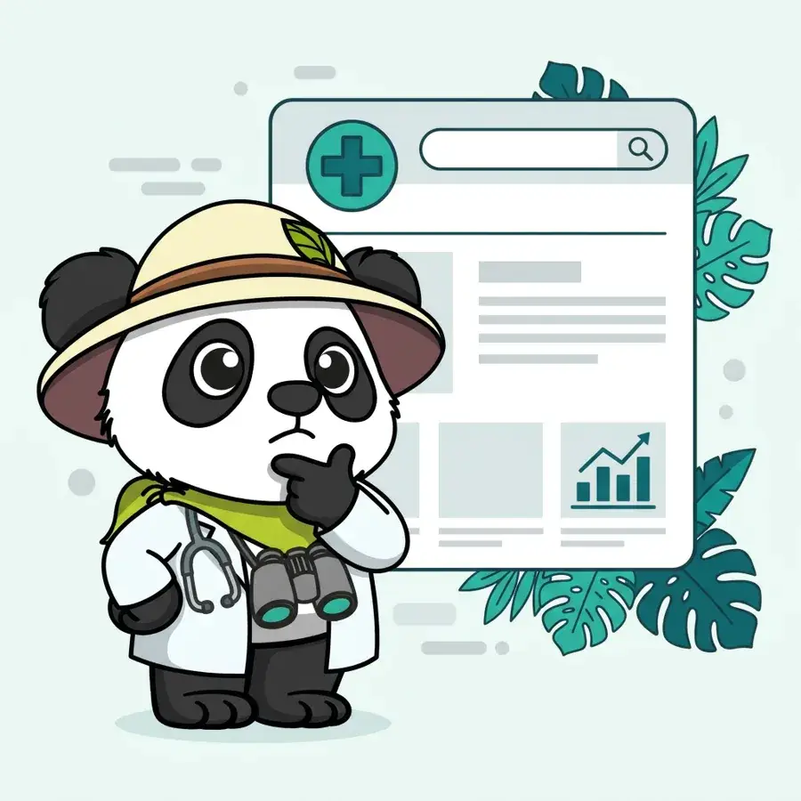 Panda explorateur médecin masqué et pensif, intérêt d'un site optimisé SEO pour les professionnels de santé