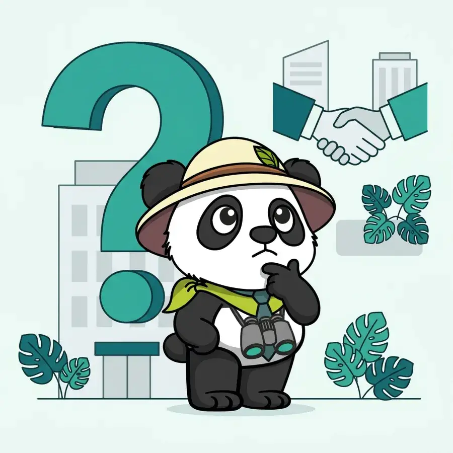 Panda explorateur en cravate pensif devant un point d'interrogation, importance du SEO et SEA en BtoB