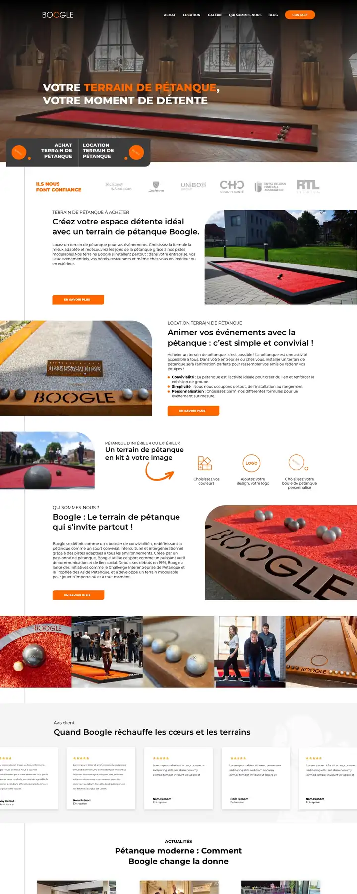 Site vitrine Boogle France, terrain de pétanque en kit, réalisé par Panda Communication