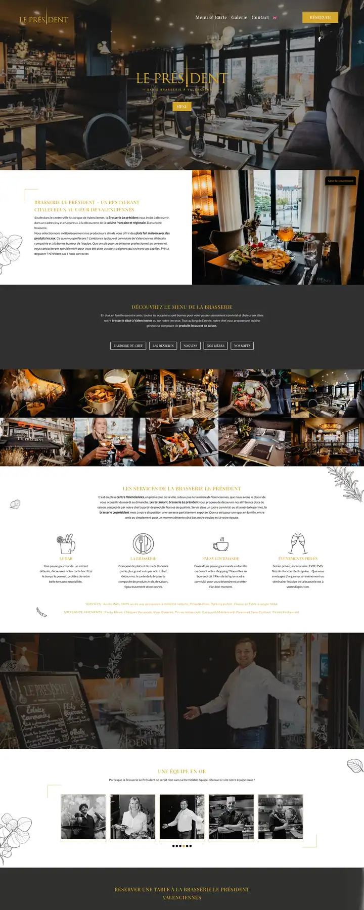 Site de la brasserie Le Président à Valenciennes, salle de restaurant et menu en page d'accueil