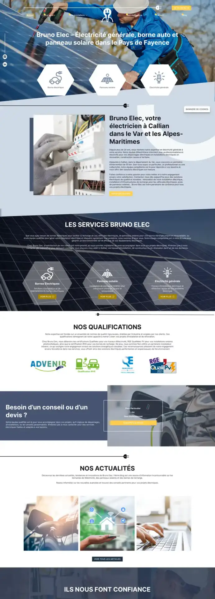 Site vitrine Bruno Elec, électricien à Callian, bornes auto et panneaux solaires