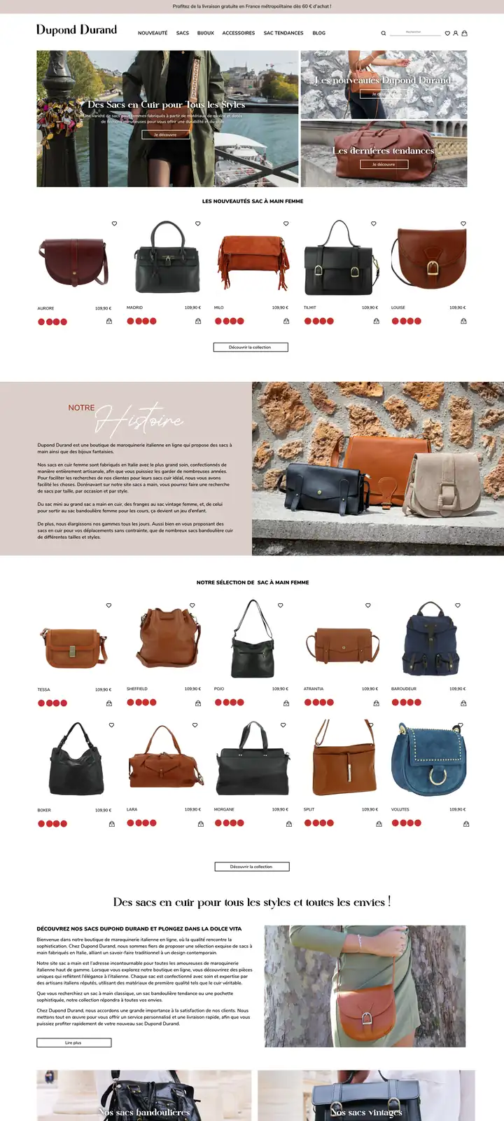 Site e-commerce Dupond Durand, boutique de sacs et bijoux réalisée par Panda Communication