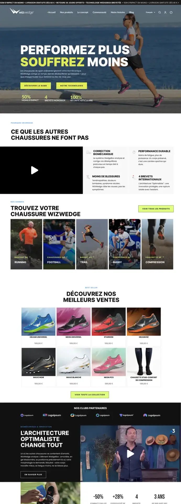 Site e-commerce WizWedge, chaussures de sport, réalisé par l'agence web Panda Communication