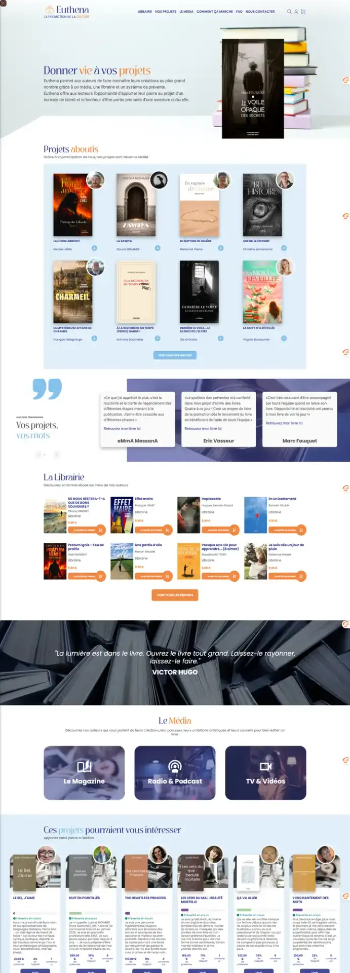 Site Euthena présentant projets éditoriaux, librairie et médias, réalisé par Panda Communication