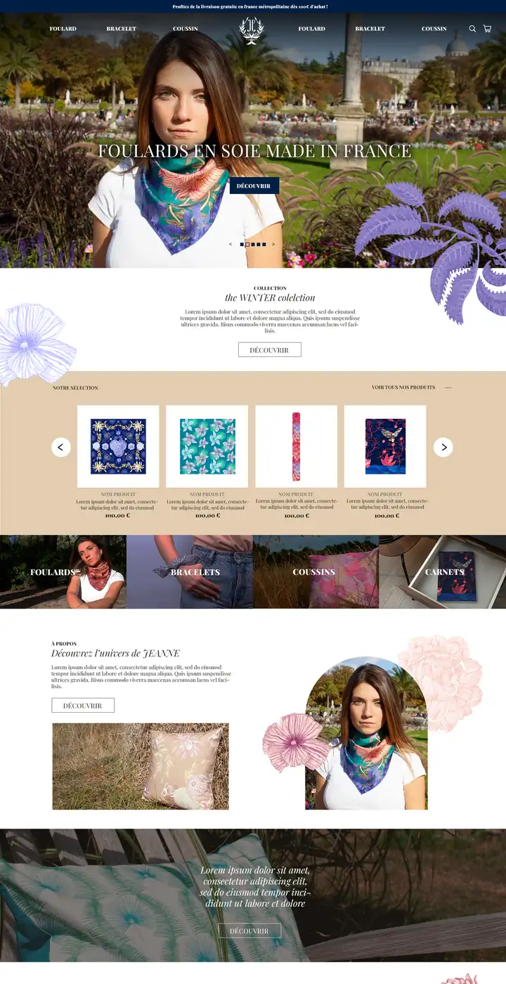 Maquette de site e-commerce de foulards en soie made in France, webdesign Panda Communication