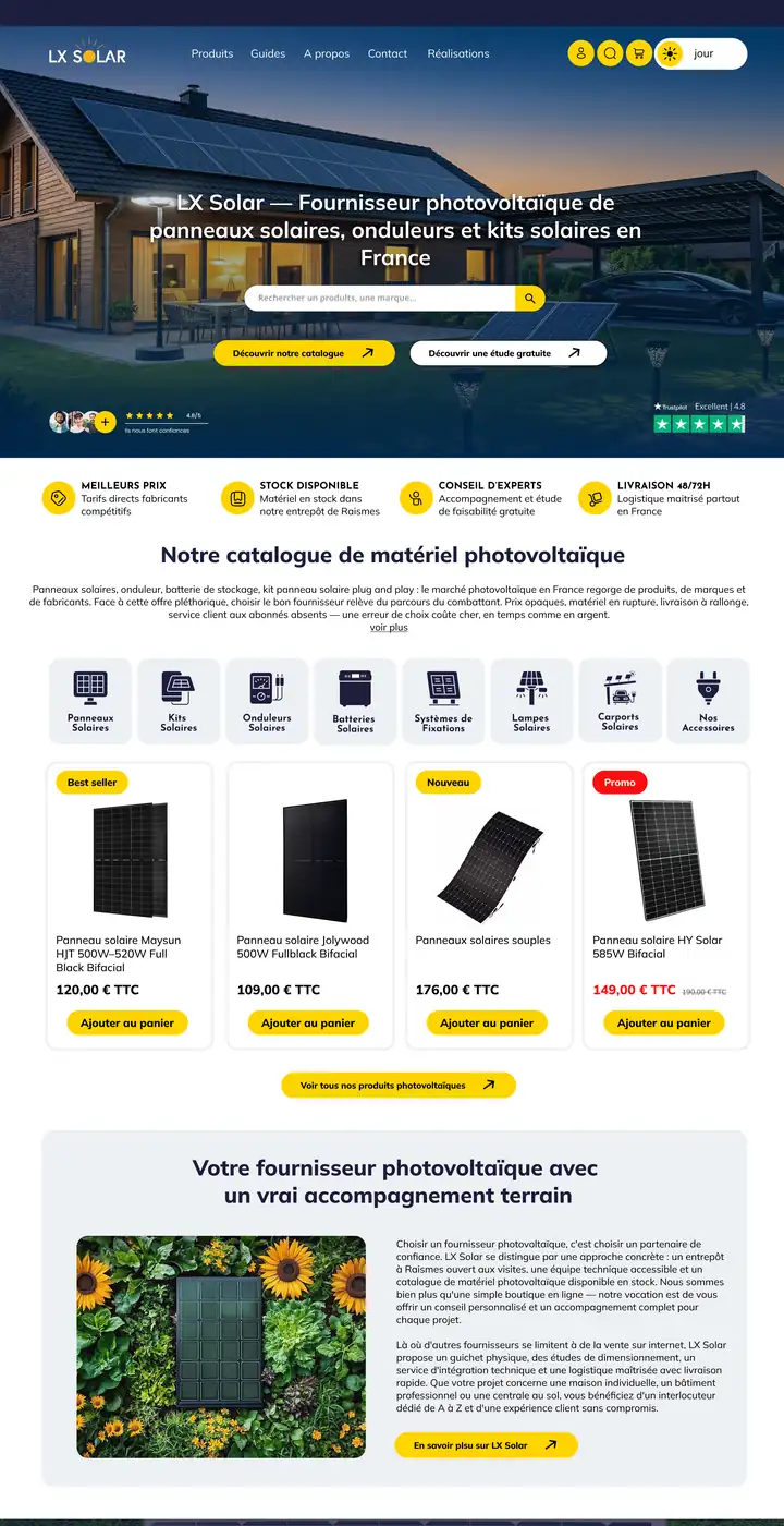 Site LX Solar, fournisseur de matériel photovoltaïque, réalisé par l'agence Panda Communication