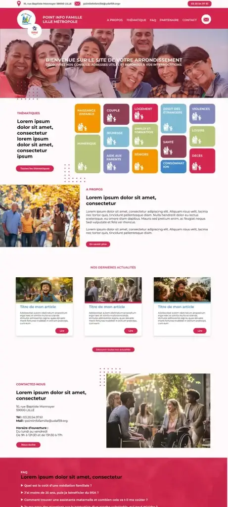 Site du Point Info Famille Lille Métropole avec ses thématiques colorées, projet multi sites