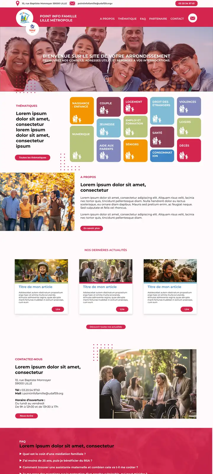 Site du Point Info Famille Lille Métropole avec ses thématiques colorées, projet multi sites