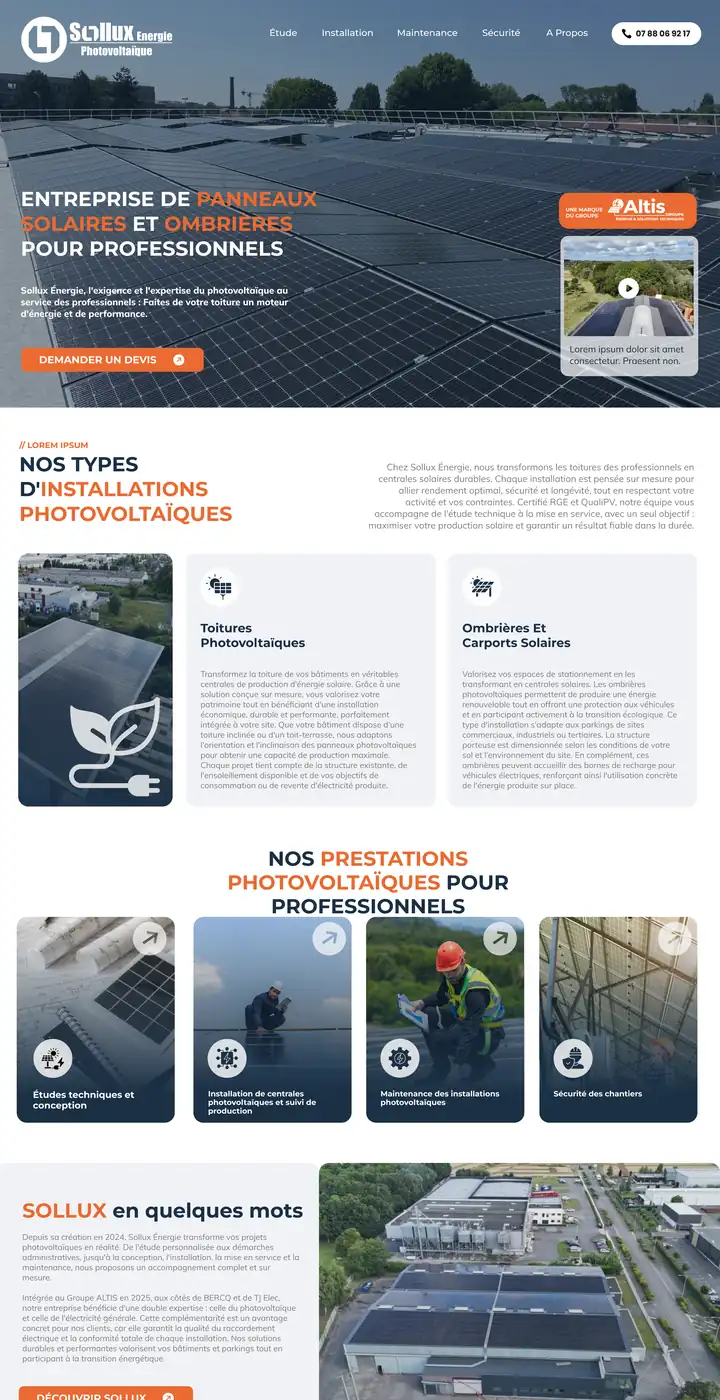 Site vitrine Sollux, installations photovoltaïques pour professionnels, créé par l'agence
