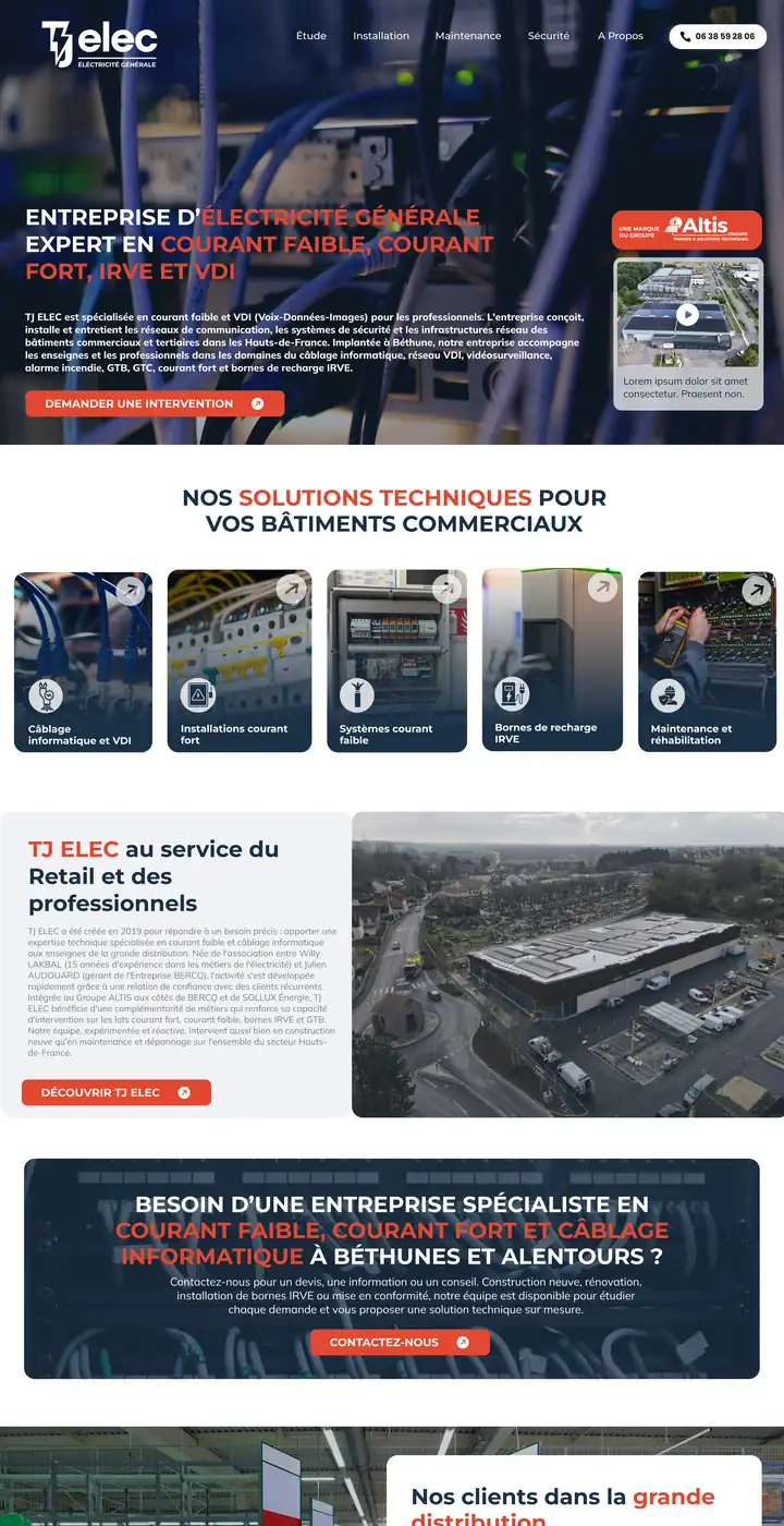 Site vitrine TJ Elec, solutions techniques pour bâtiments commerciaux, par Panda Communication