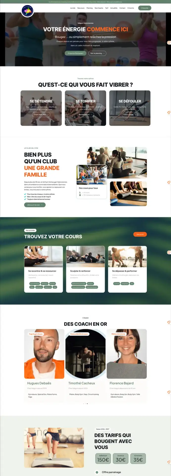Site de l'association Valgym, cours de fitness à Valenciennes, réalisé par Panda Communication