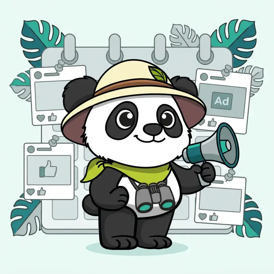 Panda explorateur devant un calendrier de publicités LinkedIn et Google Ads, Social Ads pour le tourisme