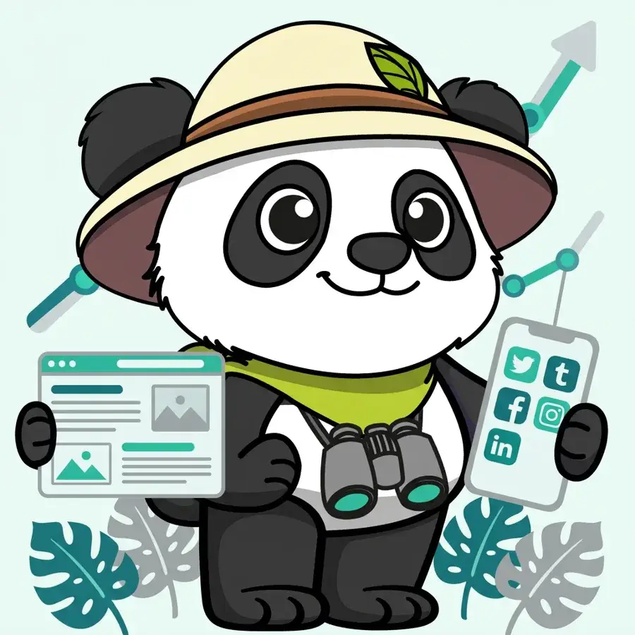 Deux pandas explorateurs avec maquette et smartphone sous une courbe de croissance, lien entre social média et SEO