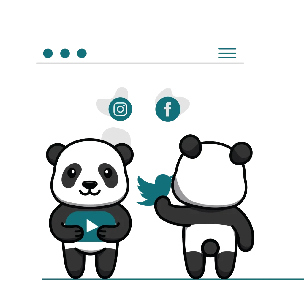 Deux pandas avec des icônes vidéo, Instagram, Facebook et Twitter sur une page web, défi des réseaux sociaux