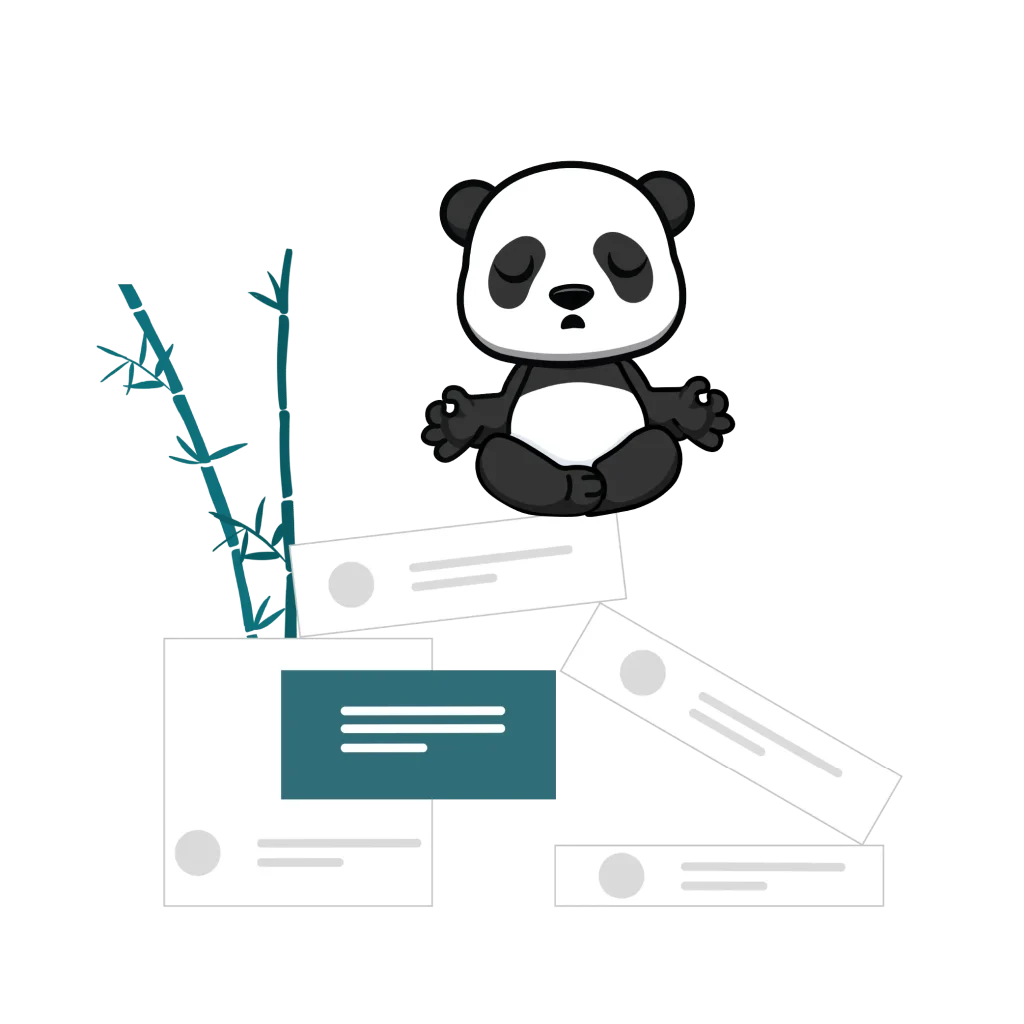 Panda en méditation sur une pile de cartes de contenu près d'un bambou, sérénité d'un accompagnement expert