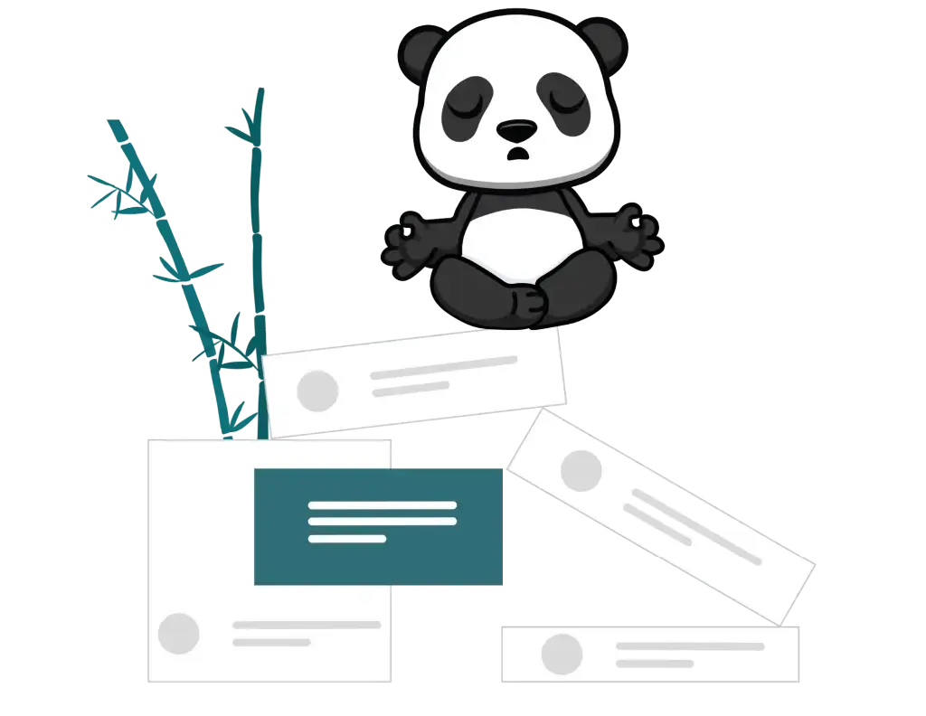 Panda en méditation assis sur des cartes de contenu empilées, illustrant les données structurées page par page