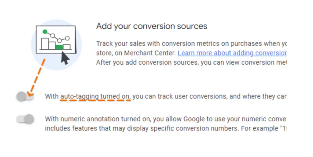 Capture Google Merchant Center montrant l'option auto-tagging à désactiver pour supprimer le paramètre srsltid