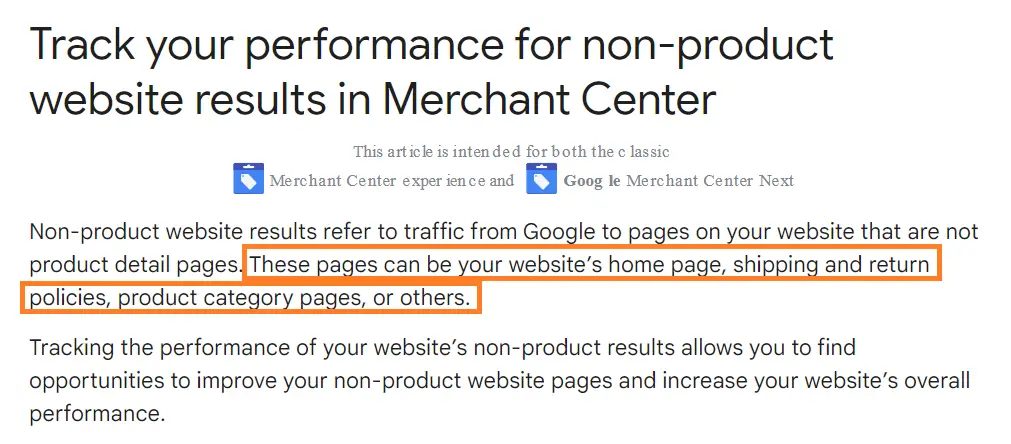 Aide Merchant Center sur le suivi des résultats de site hors fiches produits, pages concernées surlignées
