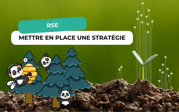 Pandas dans des sapins et jeune pousse connectée sortant de la terre, bannière RSE mettre en place une stratégie