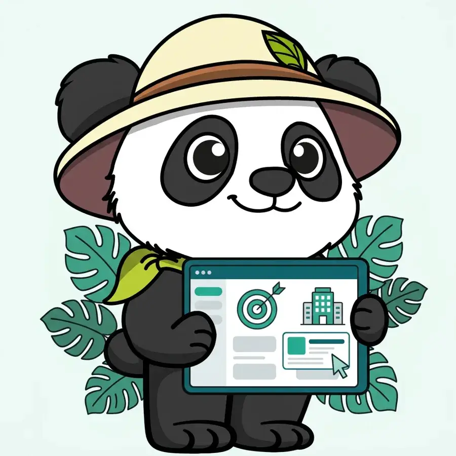 Panda explorateur sur tablette devant un tableau de bord SEA, stratégie de référencement payant BtoB