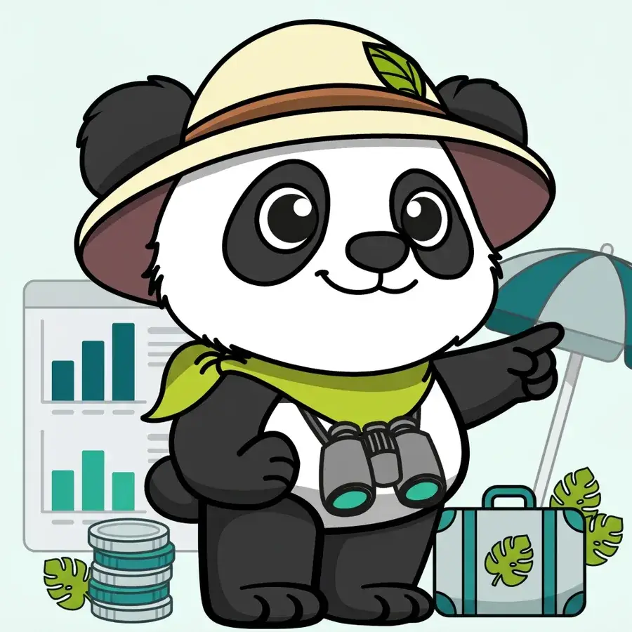 Panda explorateur à lunettes devant un rapport SEA, stratégie de référencement payant pour le tourisme