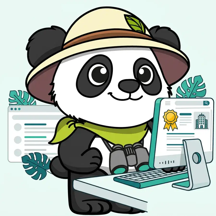 Panda explorateur sur ordinateur devant une page classée numéro 1, stratégie SEO en BtoB