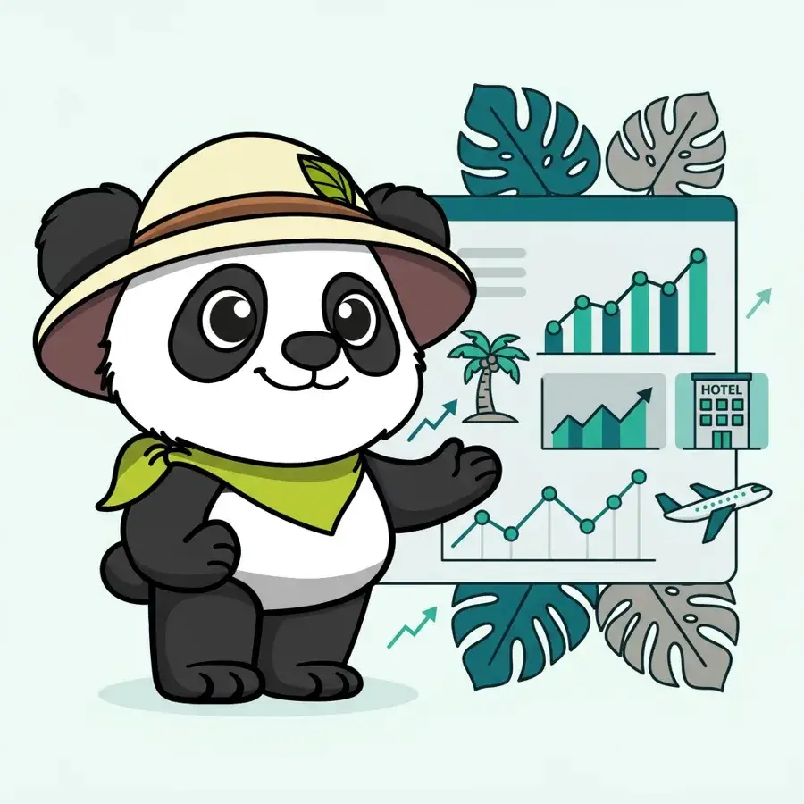 Panda explorateur à lunettes devant un tableau de bord SEO, stratégie de référencement pour le tourisme