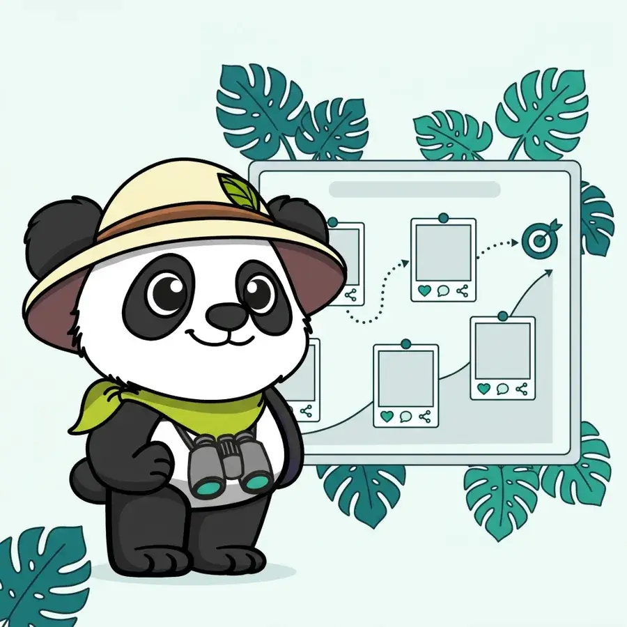 Panda explorateur devant une feuille de route de publications sociales menant à un objectif, pourquoi une stratégie social média